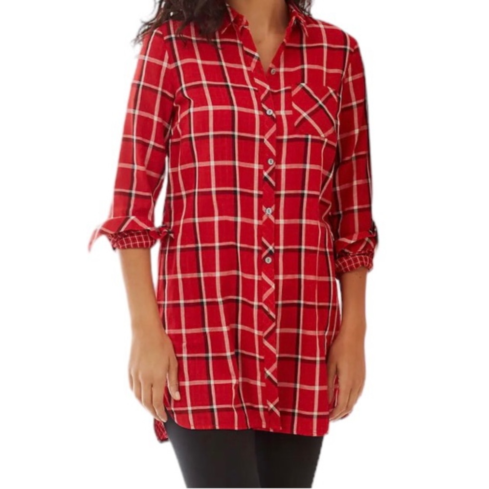 J. Jill Perfect Red and Black Plaid Double Cloth Tunic Button Down Shirt
